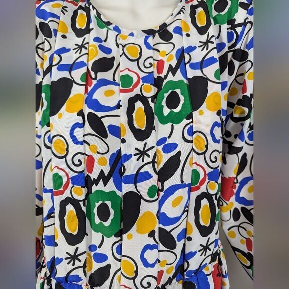 Vintage 80s Abstract Print Midi Dress Colorful Pleated Shoulder Long Sleeve Size - Picture 5 of 8